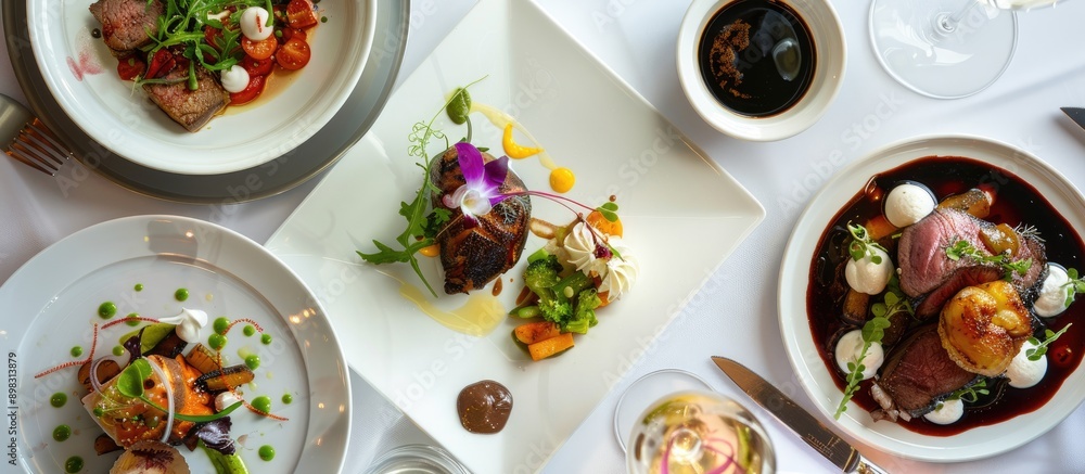 Poster a detailed photo of a beautifully arranged meal on a table with copy space image