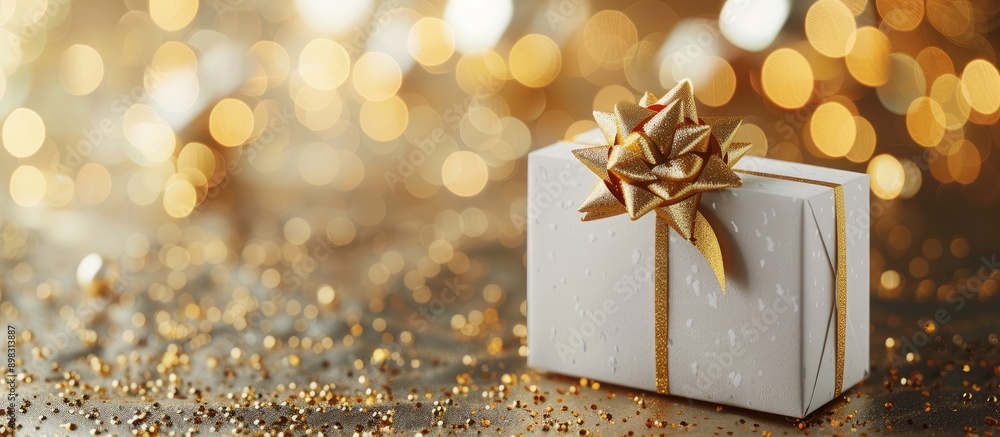 Leinwandbilder close up of a gift box with a blank card mockup against a golden background ideal for a christmas or