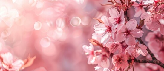 Obraz premium Close up photo of blooming pink Sakura flowers on cherry tree branches with copy space image Perfect for prints decor wallpaper and posters in spring