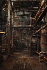 Industrial Revolution. Iron girders, rivets, and steam pipes, with an industrial-era aesthetic. The center is a blank factory floor, with hints of machinery in the shadows.