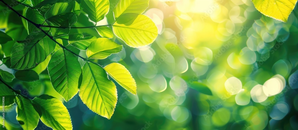 Poster close up of vivid lime toned leaves in summer creating a blurred bright sunlight green leaf backgrou