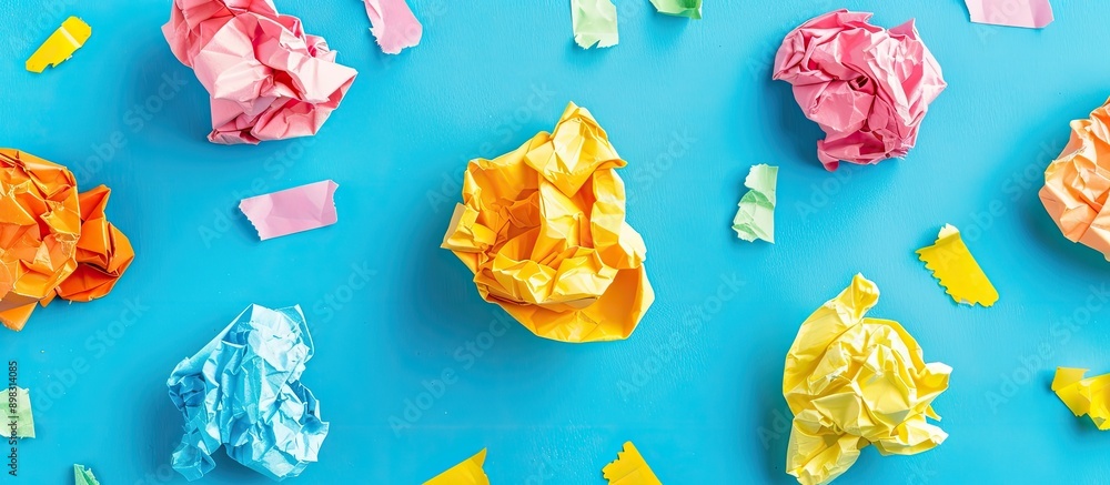 Poster a close up top view of three color sets of yellow pink and orange stickers placed in the center agai