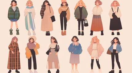 Fototapeta premium Illustrated set of adorable girls dressed in fashionable clothing.