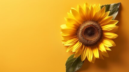 Obraz premium Sunflower on yellow background Green leaf at bottom Green stem below