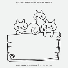 Hand Drawn Illustration of Cute Cat standing on wooden banner for Coloring Book