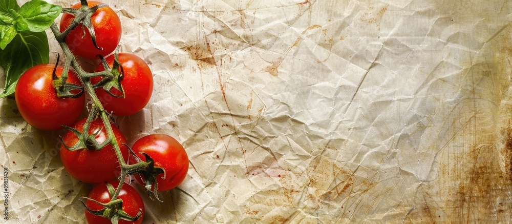 Poster close up image of fresh cherry tomatoes on a vintage paper background with ample copy space image