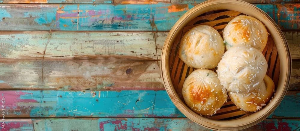 Aufkleber a bamboo bowl filled with steamed bread topped with coconut jam is placed on a colorful wooden table