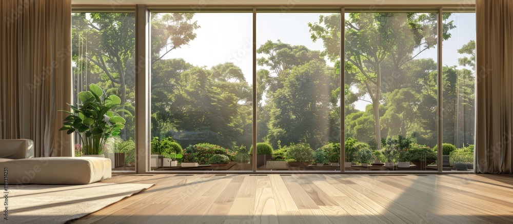 Poster contemporary apartment featuring expansive luminous windows offering a scenic view of a lush garden 