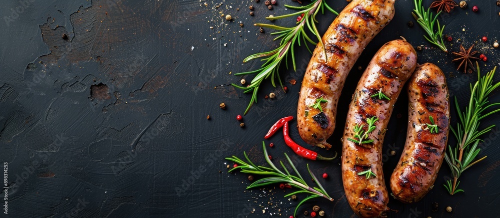 Wall mural Top view of a baked pork sausage garnished with rosemary and assorted spices with free copy space in the image