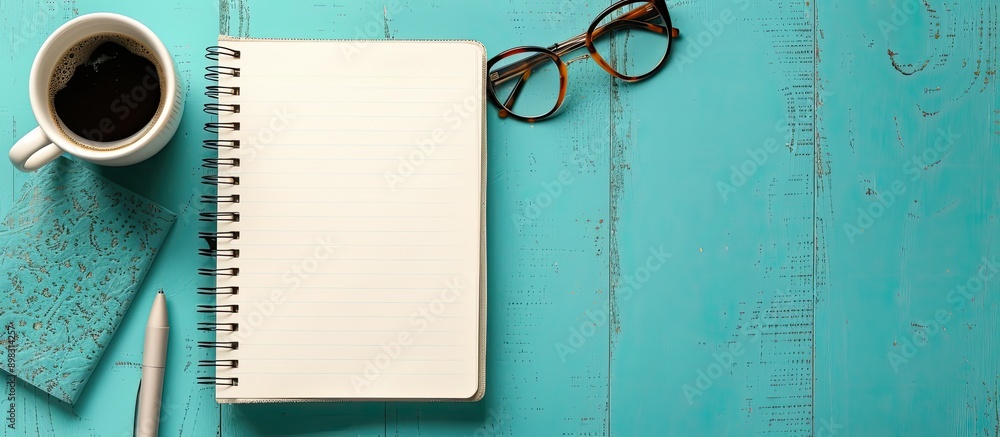 Aufkleber top down perspective of a notebook on a table with a blank space for text or images. creative banner