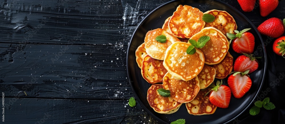 Poster top view of cheese pancakes and strawberries displayed on a dark plate against a black wooden backdr