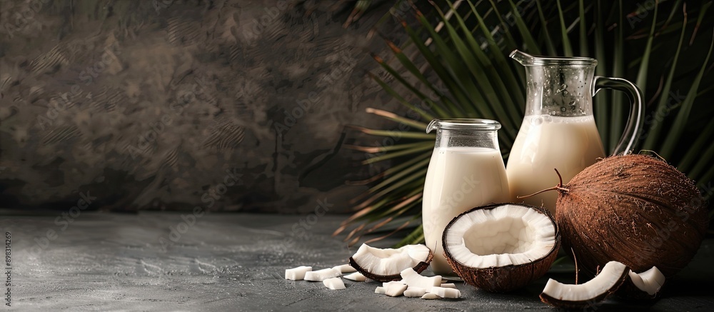Poster coconut milk in a glass jug next to a coconut with a blank space for text or image. creative banner.