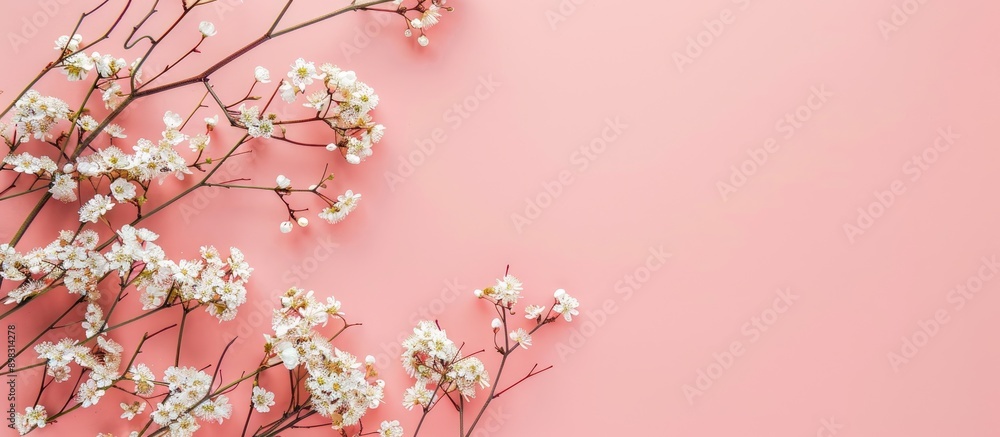 Poster top view flat lay of delicate white flowers on spring twigs against a pink backdrop perfect for a gr