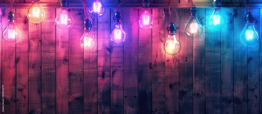 Poster close up view of neon light bulbs against wooden ceiling with copy space image