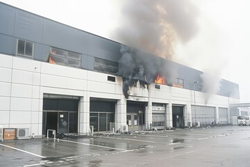 Industrial Warehouse Fire with Heavy Smoke and Flames at Commercial Facility