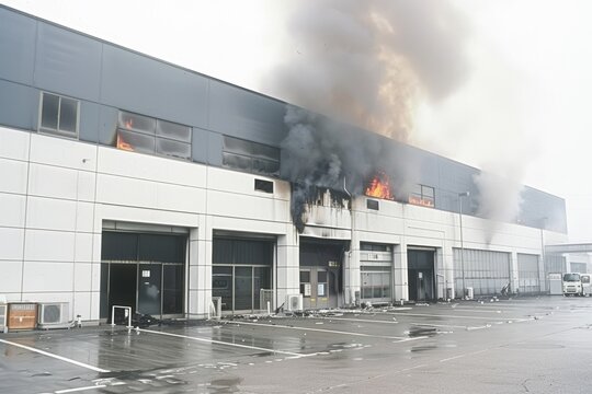 Industrial Warehouse Fire with Heavy Smoke and Flames at Commercial Facility