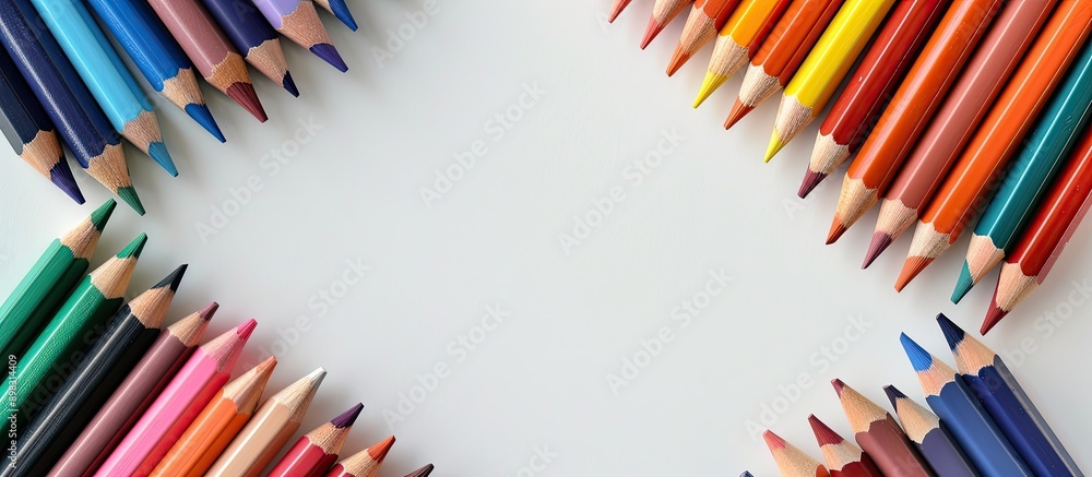 Poster colorful pencils and school supplies arranged in a frame on a white background with room for text or