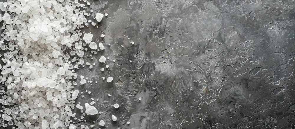 Poster top down view of mineral bath salt on a grey background with ample copy space for text or images