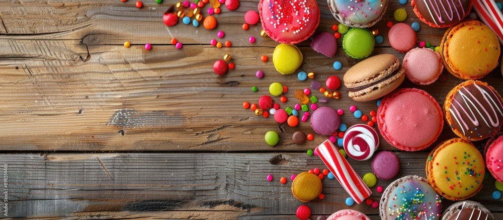 Poster colorful candies lollipops and macaroons create a vibrant display on a wooden surface with available