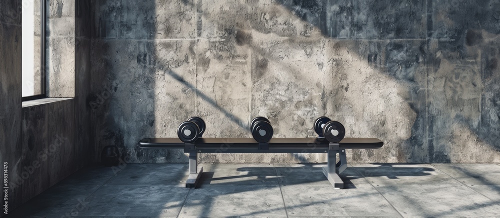 Poster create a welcoming gym ambiance with dumbbells and a spacious interior add a black bench for seating
