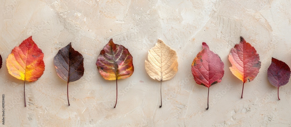Poster autumn leaves arranged on a beige surface creating a flat lay composition with copy space for text