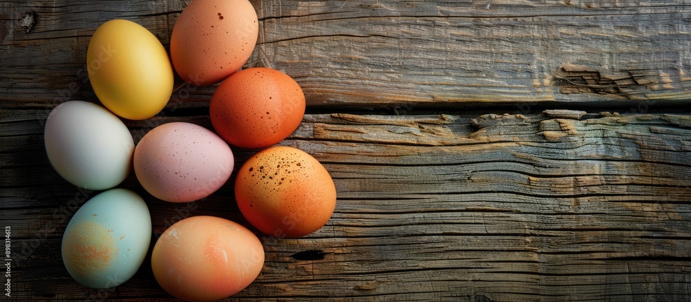 Poster Colorful vintage eggs displayed on a wooden table background suitable for copy space images