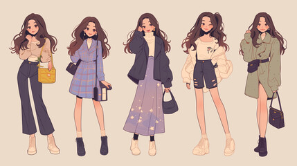 Illustrated collection of charming girls wearing fashionable clothes.
