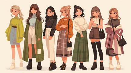 Fototapeta premium Set of illustrations showcasing adorable girls in trendy outfits.