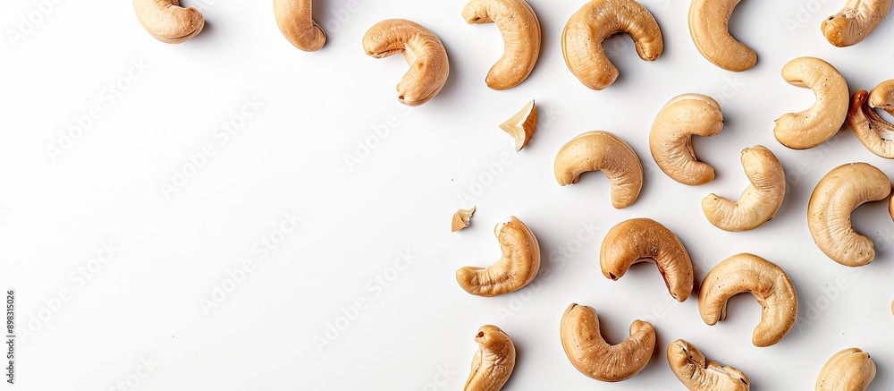 Poster delicious cashew nuts with copy space image on a white backdrop