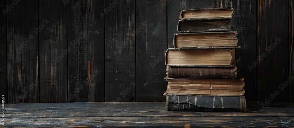 Fototapete books stacked neatly on a dark wooden surface with a black backdrop creating a clear space for inser