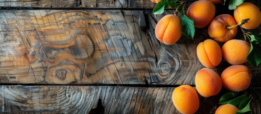Poster close up of ripe apricots on a wooden table with copy space image