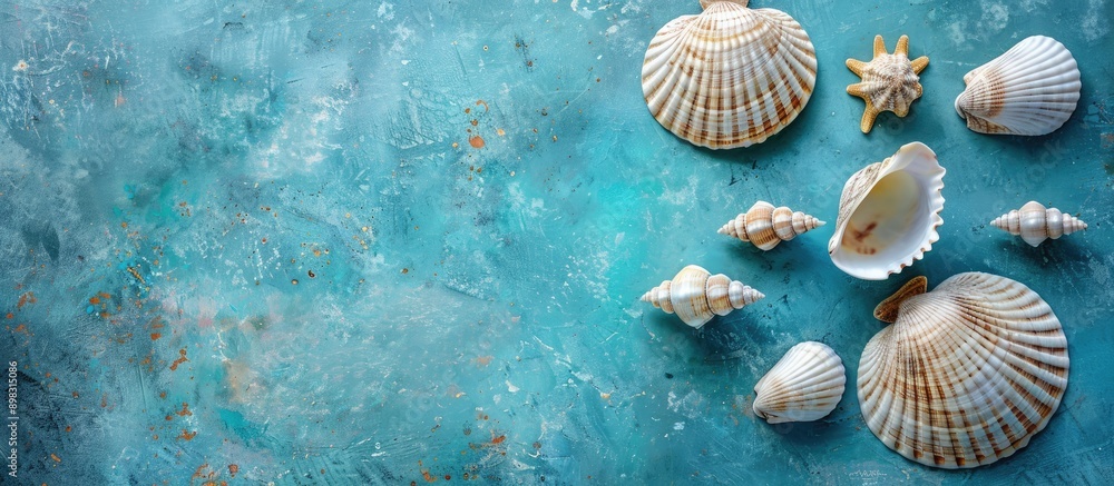 Poster Abstract top view composition featuring seashells against a textured blue background with copy space image
