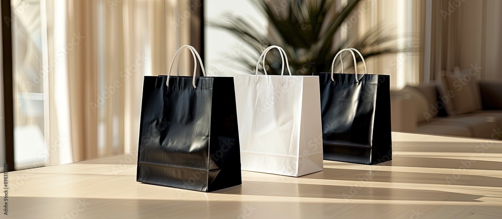 Aufkleber Bags for shopping displayed on a table with empty space for a personalized image. Creative banner. Copyspace image