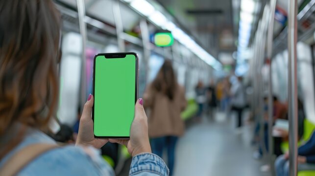 woman holding showing smartphone with green screen in blurred subway train, perfect for showcasing apps and mobile technology, vertical phone orientation, travel and navigation