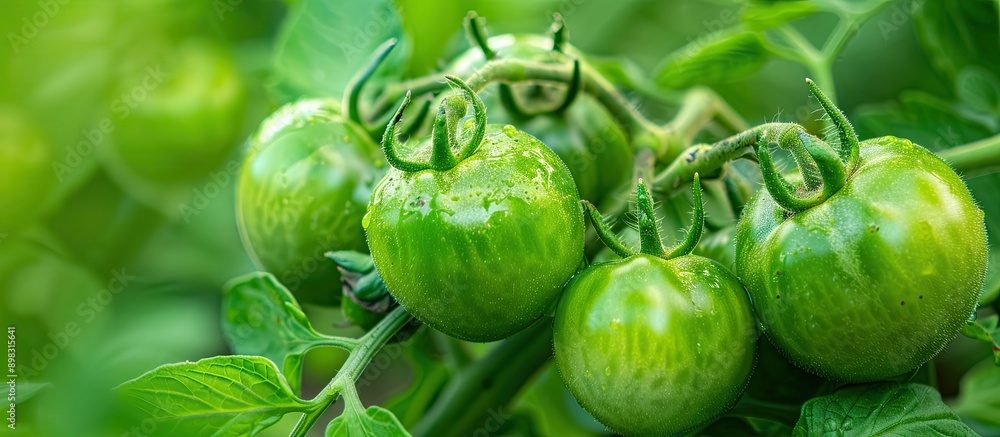 Canvas Prints A close up of a bunch of green tomatoes on a bush in the garden isolated with copy space image