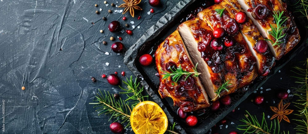 Poster top down view of cranberry and orange glazed pork on a dark kitchen table with copy space for an ima