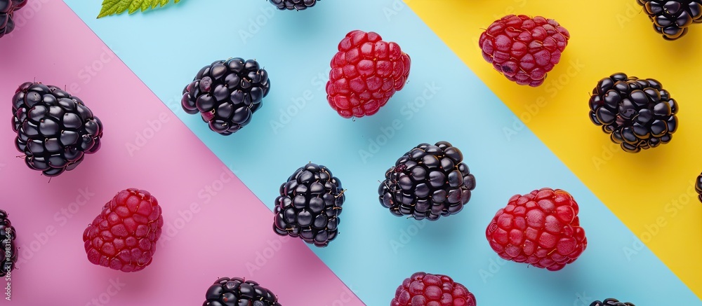Poster Blackberries arranged on a colorful background for a flat lay composition with ample copy space image