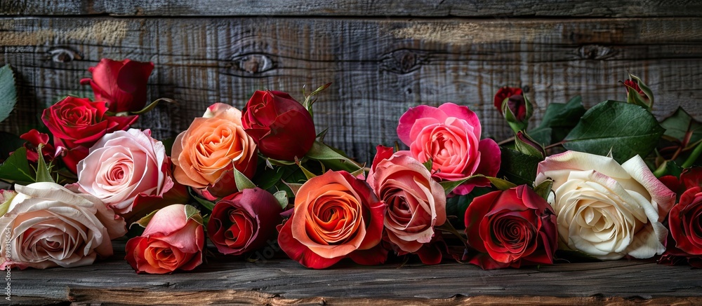 Sticker assorted roses displayed on a rustic wooden backdrop with copy space image available