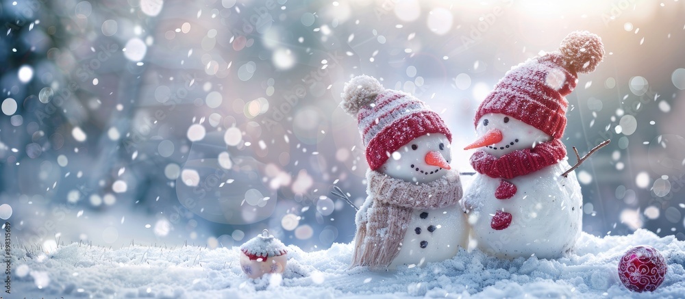 Poster a charming winter scene featuring a girl and a boy snowman with cozy knitwear set on snow with space