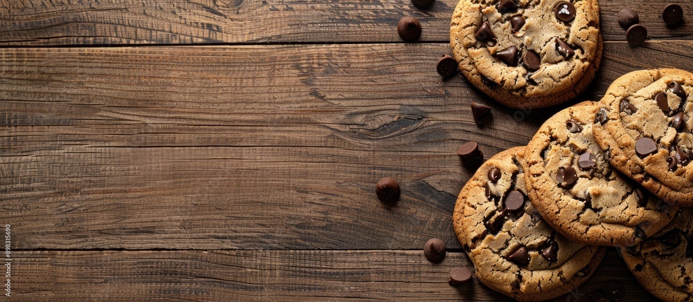 Fototapete close up of delicious chocolate chip cookies on a wooden surface with a background suitable for addi