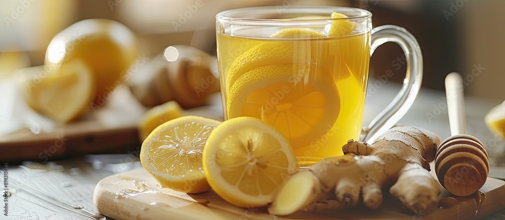Poster Close up of a warm lemon and honey drink with ginger and lemon placed next to it with a focus on prevention and treatment of flu and colds in a copy space image