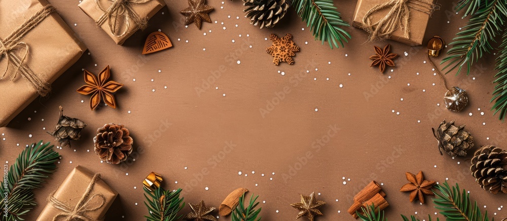 Poster brown wrapping paper adorned with christmas gifts wooden decorations and cones offering ample copy s