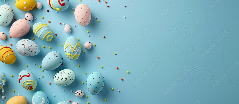 Aufkleber A vibrant display of Easter eggs on a light blue spring background shot from above with room for text or graphics a copy space image