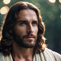Obraz premium Portrait of a Man Dressed as Jesus. White robe. Long brown hair and beard. Man appears to be in his early 30s, and he has a serious expression on his face. Christian religion and faith. AI