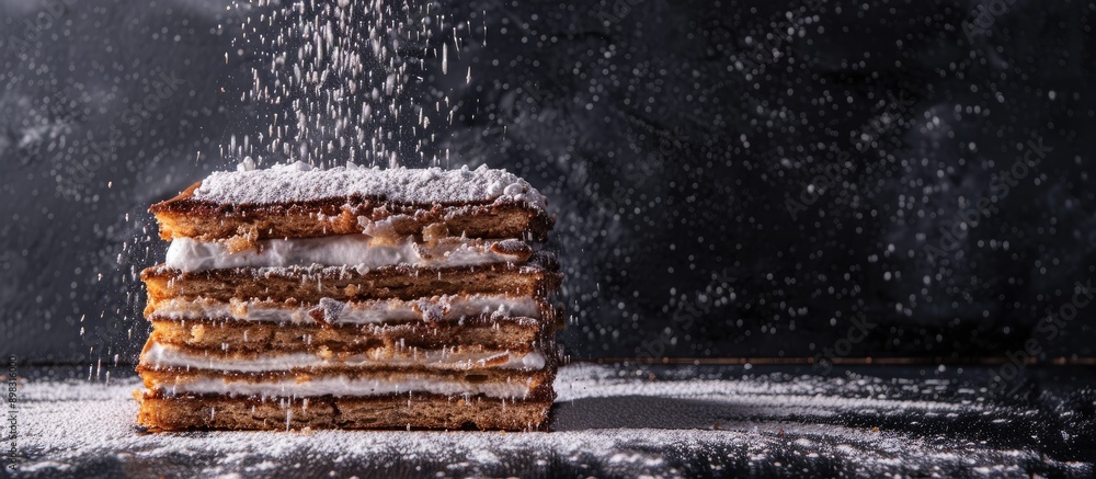 Poster Beckit baked on a black backdrop with a mix of dark and light layers adorned with powdered sugar creating a visually striking image with ample copy space