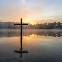 Solitary Cross Over Misty Water at Dawn