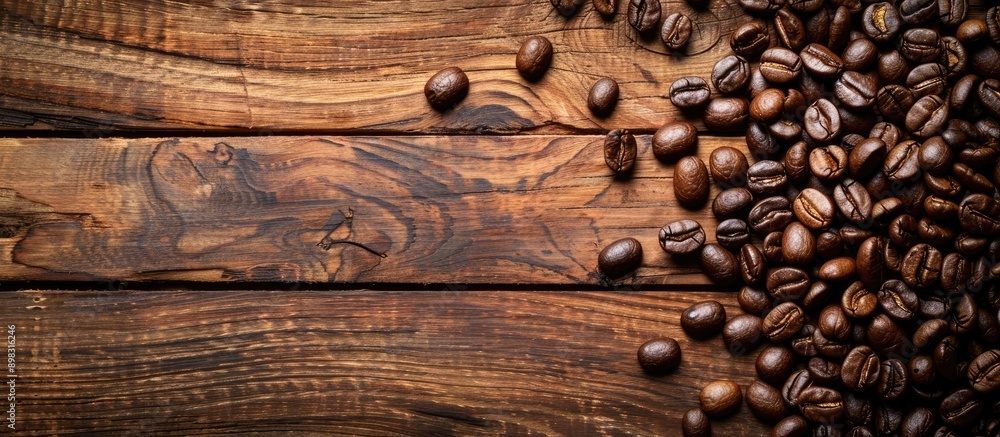 Aufkleber coffee beans roasted to a dark brown hue displayed beautifully on a wooden table with ample copy spa