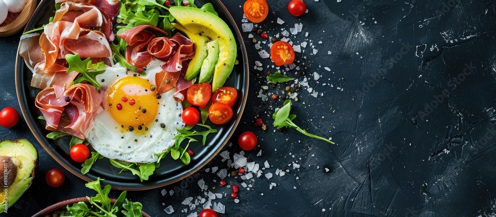 Poster top down view of a keto brunch spread featuring a fried egg prosciutto avocado and salad on a ketoge