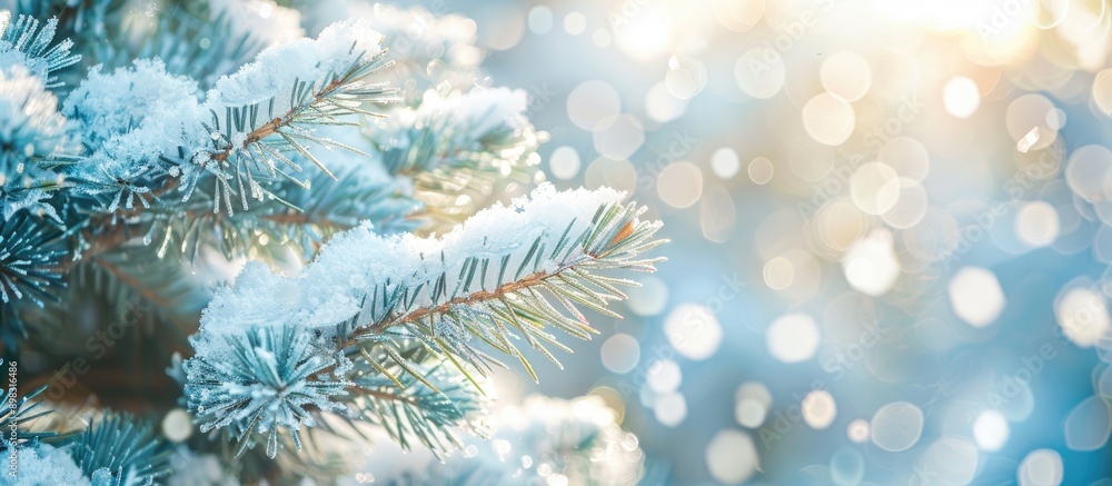 Poster A close up image shows untouched soft white snow billowing on a green pine tree during cold winter weather with copy space image