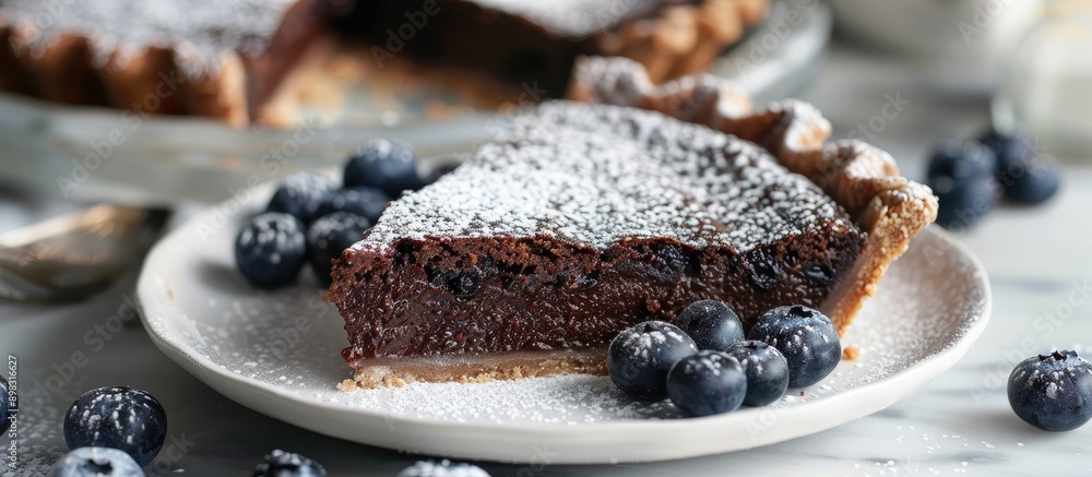 Poster close up horizontal image of chocolate pie in a white plate garnished with blueberries and powdered 